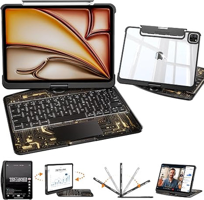 Transparent Rotating iPad Keyboard Case — Black & Gold