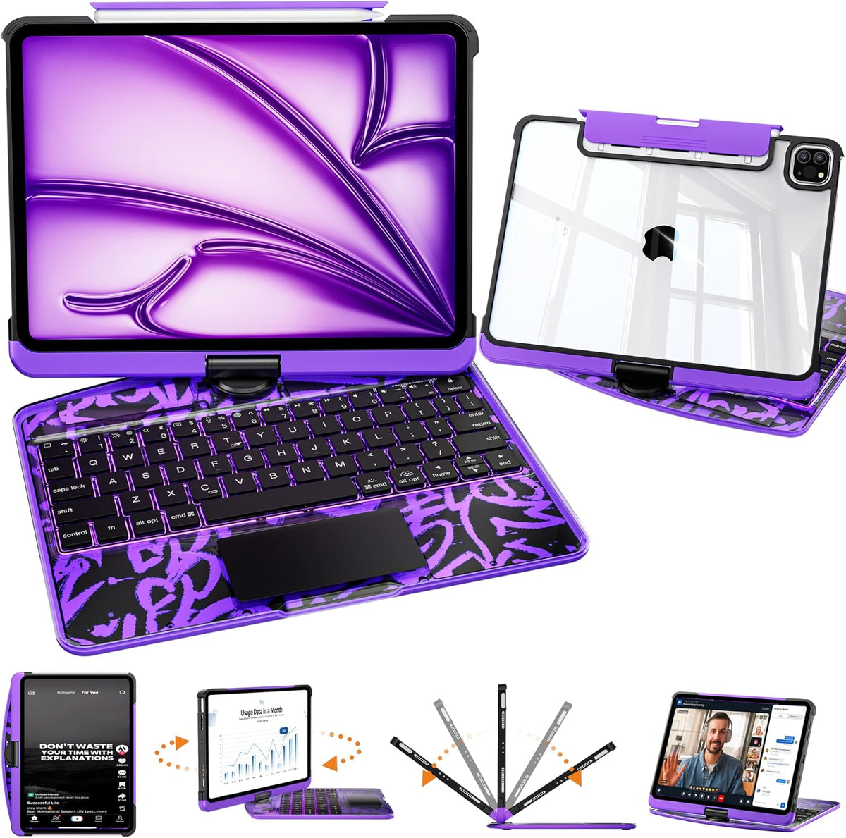 Y2K Style Rotating iPad Keyboard Case — Purple